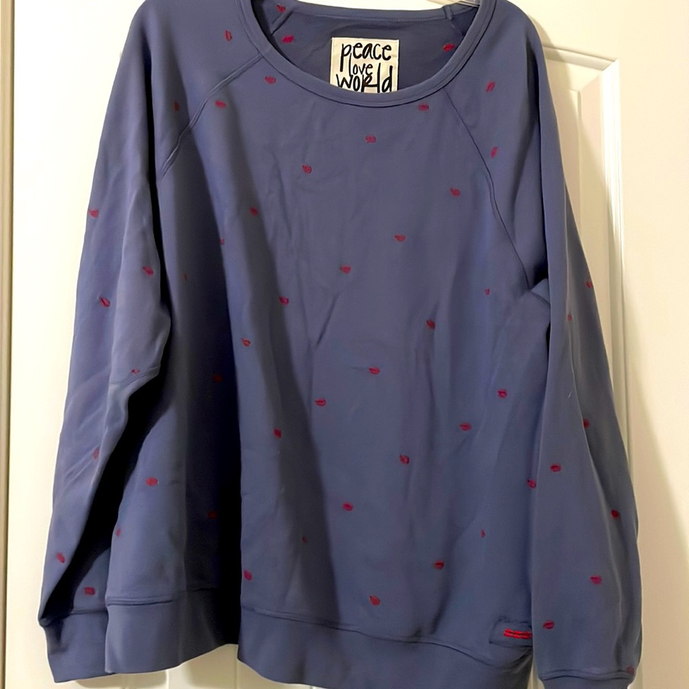 🎄 2 for $15! 
Peace Love World Blue Sweater with Lips